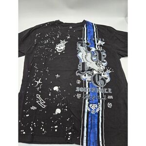 Southpole Mens 2XL Black Graphic T-Shirt Self Made Eagle Skulls Blue Stripe Tee